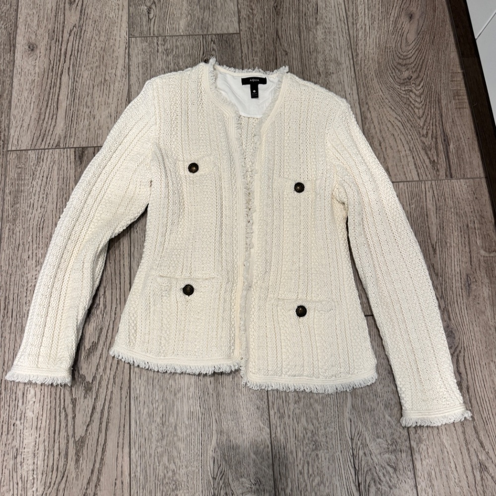 Aqua Bloomingdale's Cardigan Jacket Blazer Sweater Fringe Trim Ivory Small New!